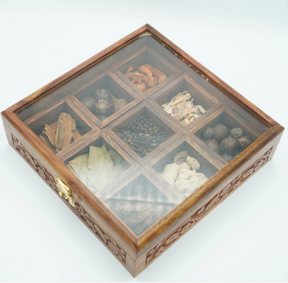 Premium Wooden Spice Box with Glass Lid – 9 Compartments & Spoon