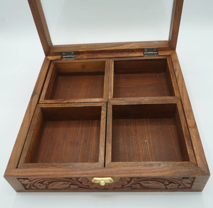 Premium Wooden Spice Box with Glass Lid – 9 Compartments & Spoon