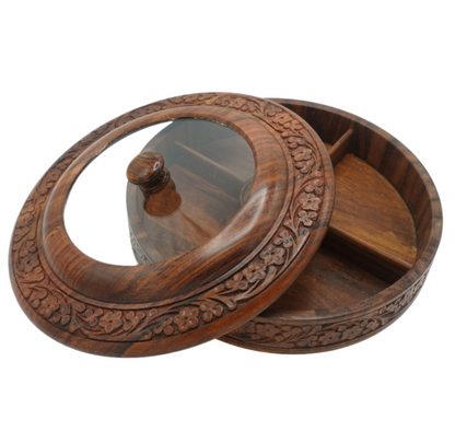Handcrafted Wooden Spice Box with Glass Lid – Round Masala Dabba Organizer for Kitchen & Storage
