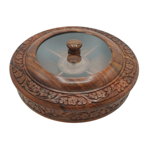 Handcrafted Wooden Spice Box with Glass Lid – Round Masala Dabba Organizer for Kitchen & Storage