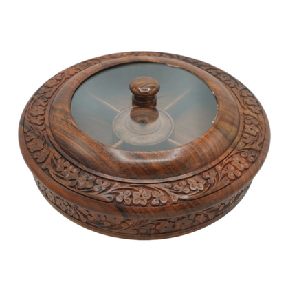 Handcrafted Wooden Spice Box with Glass Lid – Round Masala Dabba Organizer for Kitchen & Storage