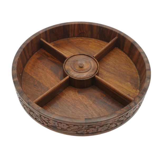 Handcrafted Wooden Spice Box with Glass Lid – Round Masala Dabba Organizer for Kitchen & Storage