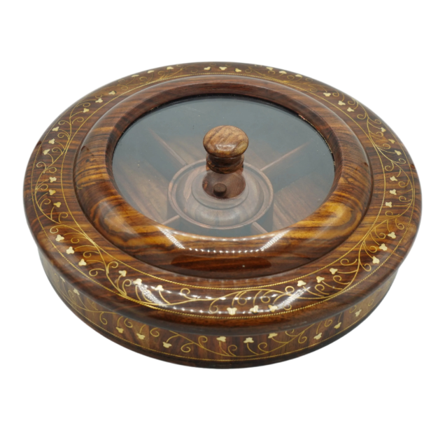 Handcrafted Wooden Spice Box with Glass Lid – Round Masala Dabba Organizer for Kitchen & Storage