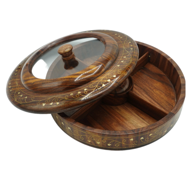 Handcrafted Wooden Spice Box with Glass Lid – Round Masala Dabba Organizer for Kitchen & Storage