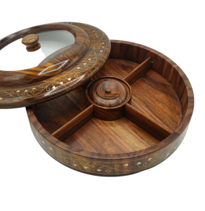 Handcrafted Wooden Spice Box with Glass Lid – Round Masala Dabba Organizer for Kitchen & Storage
