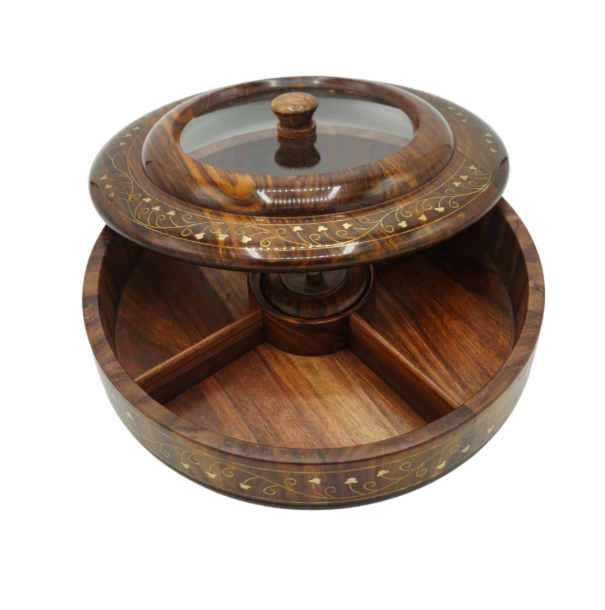 Handcrafted Wooden Spice Box with Glass Lid – Round Masala Dabba Organizer for Kitchen & Storage