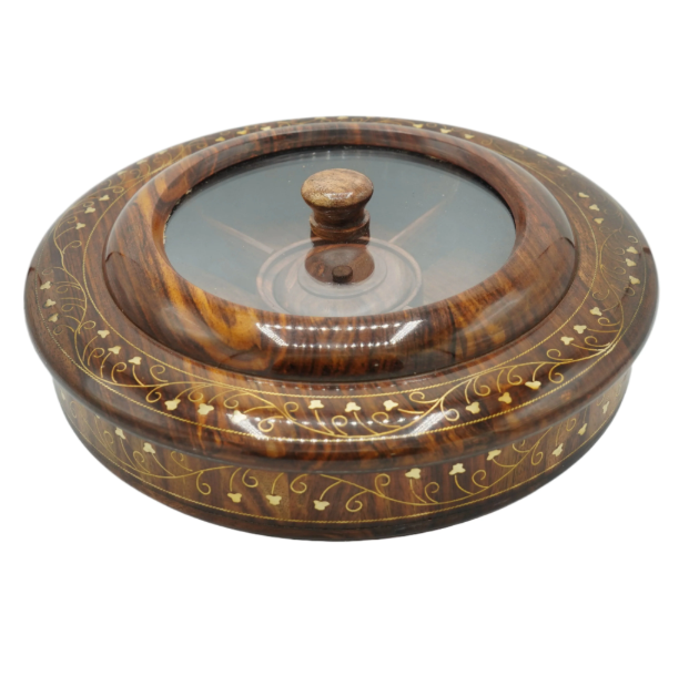 Handcrafted Wooden Spice Box with Glass Lid – Round Masala Dabba Organizer for Kitchen & Storage