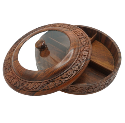Handcrafted Wooden Spice Box with Glass Lid – Round Masala Dabba Organizer for Kitchen & Storage