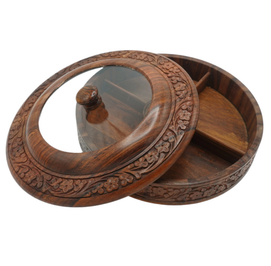Handcrafted Wooden Spice Box with Glass Lid – Round Masala Dabba Organizer for Kitchen & Storage