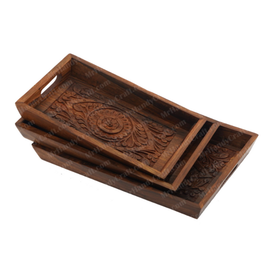 Handcrafted Wooden Serving Tray with Floral Carving – Rustic Tea, Coffee & Snack Tray (3 pcs))