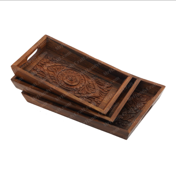 Handcrafted Wooden Serving Tray with Floral Carving – Rustic Tea, Coffee & Snack Tray (3 pcs))