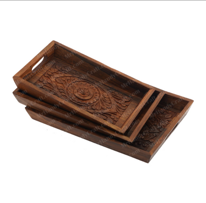 Handcrafted Wooden Serving Tray with Floral Carving – Rustic Tea, Coffee & Snack Tray (3 pcs))