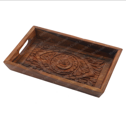 Handcrafted Wooden Serving Tray with Floral Carving – Rustic Tea, Coffee & Snack Tray (3 pcs))