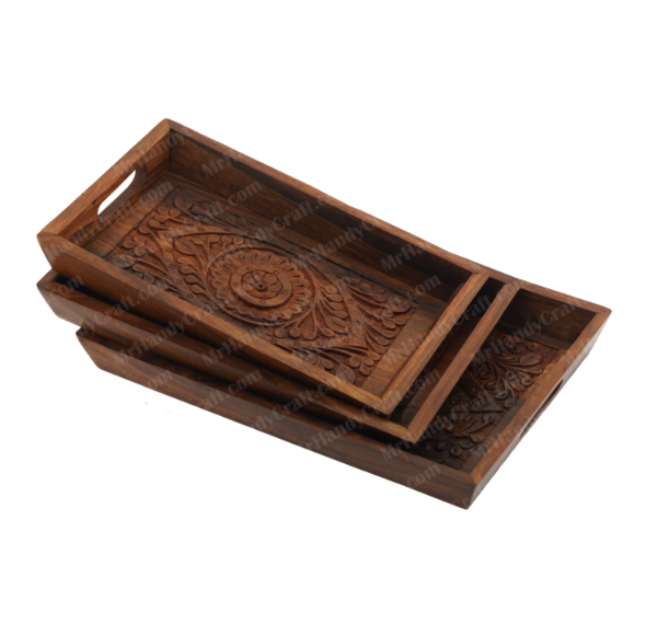 Handcrafted Wooden Serving Tray with Floral Carving – Rustic Tea, Coffee & Snack Tray (3 pcs))