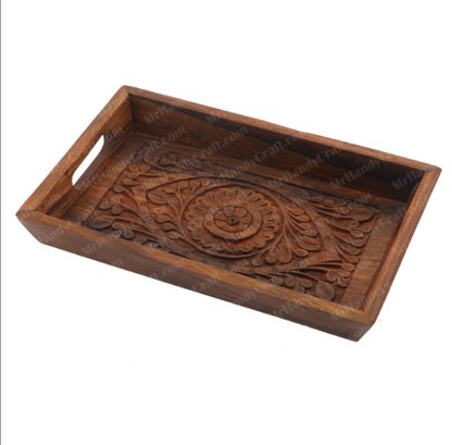 Handcrafted Wooden Serving Tray with Floral Carving – Rustic Tea, Coffee & Snack Tray (3 pcs))