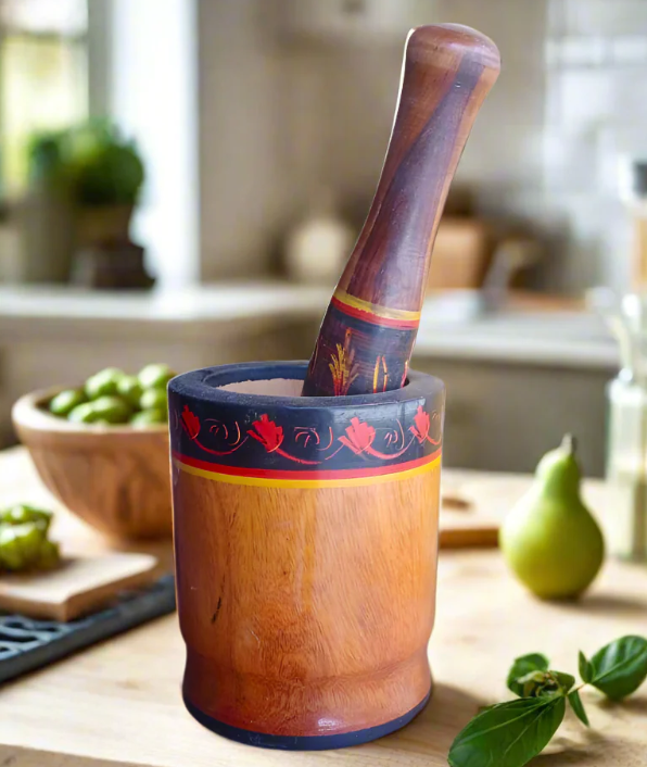 Artisan Hand-Carved Wooden Mortar and Pestle Set | Rustic Spice Grinder & Pesto Bowl