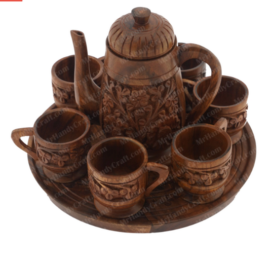 Intricately Hand-Carved Wooden Tea Set | 7-Piece Serving Tray & Kettle Set | Rustic Home Decor Gift