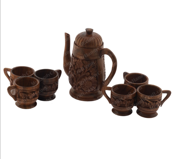 Intricately Hand-Carved Wooden Tea Set | 7-Piece Serving Tray & Kettle Set | Rustic Home Decor Gift