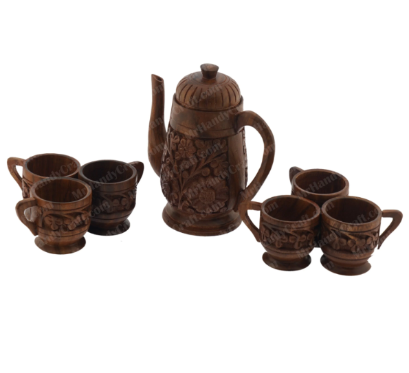 Intricately Hand-Carved Wooden Tea Set | 7-Piece Serving Tray & Kettle Set | Rustic Home Decor Gift