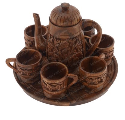 Intricately Hand-Carved Wooden Tea Set | 7-Piece Serving Tray & Kettle Set | Rustic Home Decor Gift