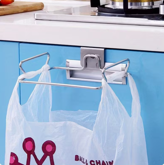 Stainless Steel Kitchen Trash Bag Holder | Easy Install, Wall-Mounted Garbage Storage Rack for Cabinet Door, Vegetable Scrap Holder - Modern Trash Solution
