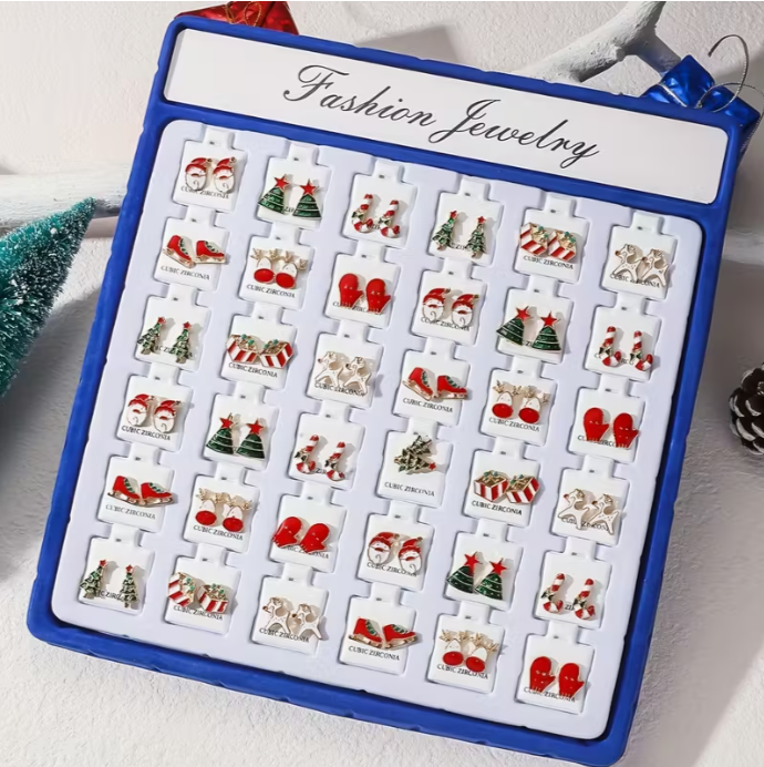 36-Pair Zinc Alloy Christmas Earrings Set for Women, Handcrafted Festive Ear Studs, No Plating, Street & Western Style, Daily & Holiday Wear, Ideal Gift for Friends - Assorted Santa