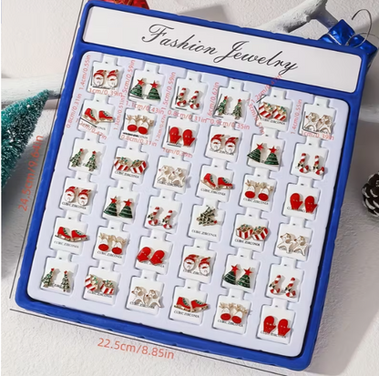 36-Pair Zinc Alloy Christmas Earrings Set for Women, Handcrafted Festive Ear Studs, No Plating, Street & Western Style, Daily & Holiday Wear, Ideal Gift for Friends - Assorted Santa