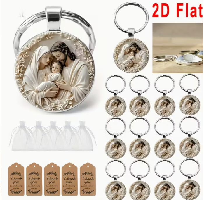 36pcs/12Set 2D Flat Jesus Theme Keychain Set, Round Alloy Pendant Keychain, Suitable for Christmas, Easter, Guardian Faith Daily Wear Accessories, Birthdays, Holiday Parties, Party Gatherings, Souvenirs, Gift Bag Fillers, 2D Flat