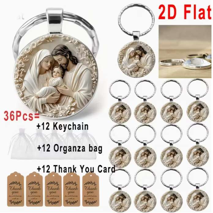 36pcs/12Set 2D Flat Jesus Theme Keychain Set, Round Alloy Pendant Keychain, Suitable for Christmas, Easter, Guardian Faith Daily Wear Accessories, Birthdays, Holiday Parties, Party Gatherings, Souvenirs, Gift Bag Fillers, 2D Flat