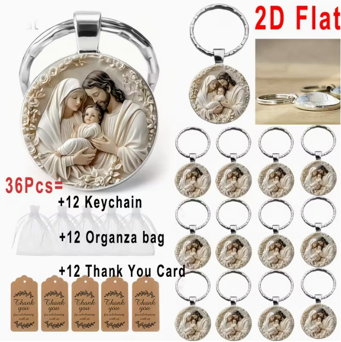 36pcs/12Set 2D Flat Jesus Theme Keychain Set, Round Alloy Pendant Keychain, Suitable for Christmas, Easter, Guardian Faith Daily Wear Accessories, Birthdays, Holiday Parties, Party Gatherings, Souvenirs, Gift Bag Fillers, 2D Flat