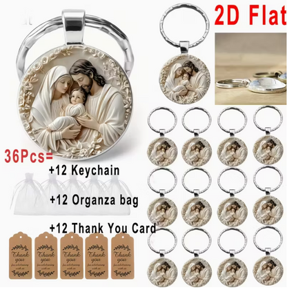 36pcs/12Set 2D Flat Jesus Theme Keychain Set, Round Alloy Pendant Keychain, Suitable for Christmas, Easter, Guardian Faith Daily Wear Accessories, Birthdays, Holiday Parties, Party Gatherings, Souvenirs, Gift Bag Fillers, 2D Flat