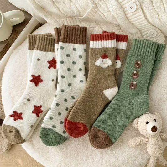 4 Pairs of Bear Snowman Terrycloth Socks Autumn and Winter Thick Mid-Calf Socks for Women Cute Sweet Warm Christmas Holiday Stockings