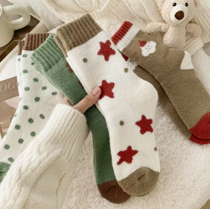 4 Pairs of Bear Snowman Terrycloth Socks Autumn and Winter Thick Mid-Calf Socks for Women Cute Sweet Warm Christmas Holiday Stockings