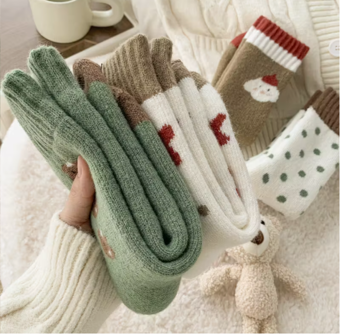 4 Pairs of Bear Snowman Terrycloth Socks Autumn and Winter Thick Mid-Calf Socks for Women Cute Sweet Warm Christmas Holiday Stockings
