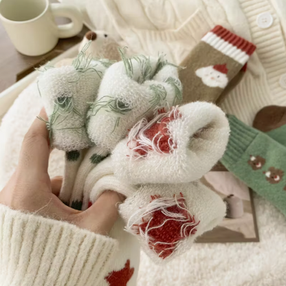 4 Pairs of Bear Snowman Terrycloth Socks Autumn and Winter Thick Mid-Calf Socks for Women Cute Sweet Warm Christmas Holiday Stockings