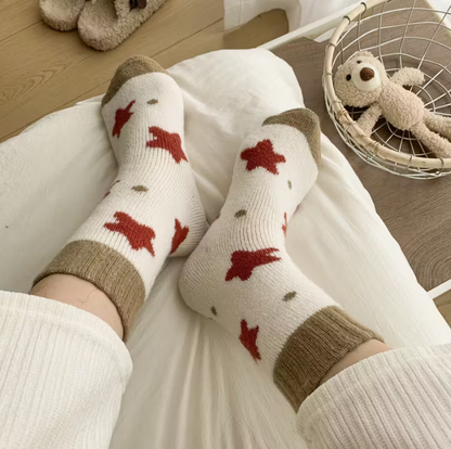 4 Pairs of Bear Snowman Terrycloth Socks Autumn and Winter Thick Mid-Calf Socks for Women Cute Sweet Warm Christmas Holiday Stockings