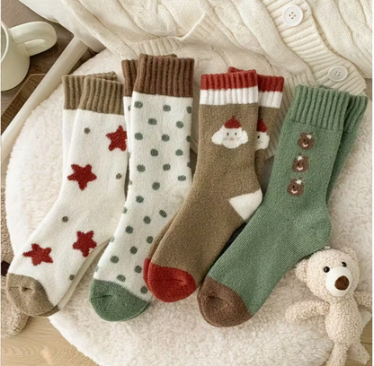 4 Pairs of Bear Snowman Terrycloth Socks Autumn and Winter Thick Mid-Calf Socks for Women Cute Sweet Warm Christmas Holiday Stockings
