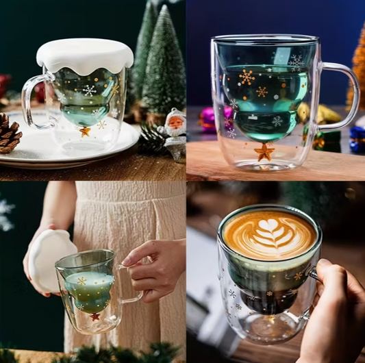 Christmas 1 Set Glass Coffee Mug with Lid - Festive Snowflake & Golden Star Design, Double-Walled Insulated Cup for Hot or Cold Beverages - 300ml/10oz Perfect Holiday Gift