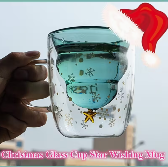 Christmas 1 Set Glass Coffee Mug with Lid - Festive Snowflake & Golden Star Design, Double-Walled Insulated Cup for Hot or Cold Beverages - 300ml/10oz Perfect Holiday Gift