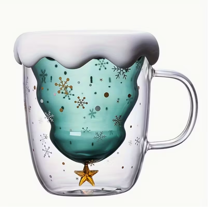 Christmas 1 Set Glass Coffee Mug with Lid - Festive Snowflake & Golden Star Design, Double-Walled Insulated Cup for Hot or Cold Beverages - 300ml/10oz Perfect Holiday Gift