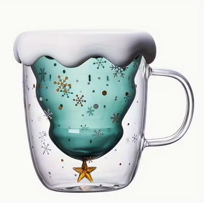 Christmas 1 Set Glass Coffee Mug with Lid - Festive Snowflake & Golden Star Design, Double-Walled Insulated Cup for Hot or Cold Beverages - 300ml/10oz Perfect Holiday Gift