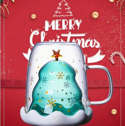 Christmas 1 Set Glass Coffee Mug with Lid - Festive Snowflake & Golden Star Design, Double-Walled Insulated Cup for Hot or Cold Beverages - 300ml/10oz Perfect Holiday Gift