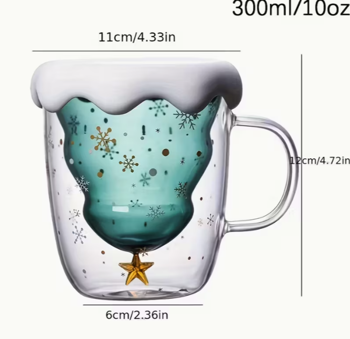 Christmas 1 Set Glass Coffee Mug with Lid - Festive Snowflake & Golden Star Design, Double-Walled Insulated Cup for Hot or Cold Beverages - 300ml/10oz Perfect Holiday Gift