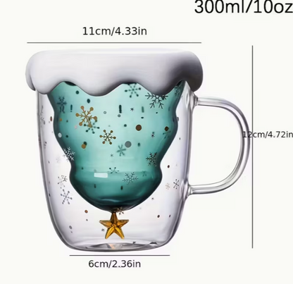 Christmas 1 Set Glass Coffee Mug with Lid - Festive Snowflake & Golden Star Design, Double-Walled Insulated Cup for Hot or Cold Beverages - 300ml/10oz Perfect Holiday Gift