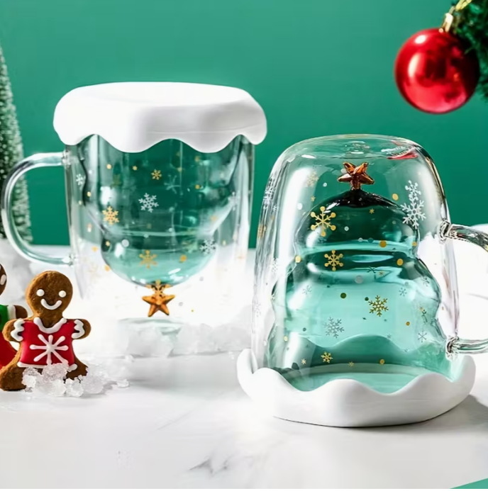 Christmas 1 Set Glass Coffee Mug with Lid - Festive Snowflake & Golden Star Design, Double-Walled Insulated Cup for Hot or Cold Beverages - 300ml/10oz Perfect Holiday Gift