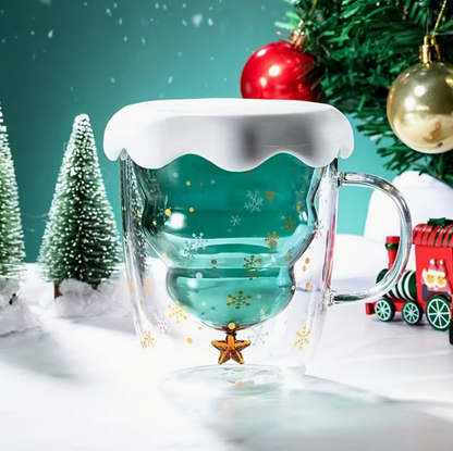 Christmas 1 Set Glass Coffee Mug with Lid - Festive Snowflake & Golden Star Design, Double-Walled Insulated Cup for Hot or Cold Beverages - 300ml/10oz Perfect Holiday Gift