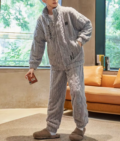 Men's Pajamas Winter Flannel Thickened Velvet Home Clothes Autumn and Winter Warm Coral Velvet Zipper Two-piece Set