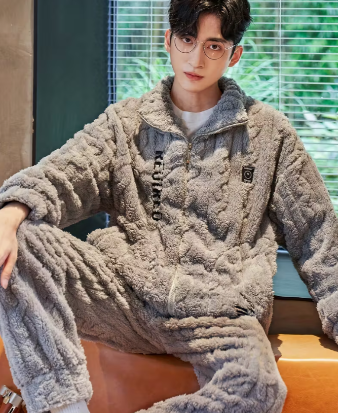 Men's Pajamas Winter Flannel Thickened Velvet Home Clothes Autumn and Winter Warm Coral Velvet Zipper Two-piece Set
