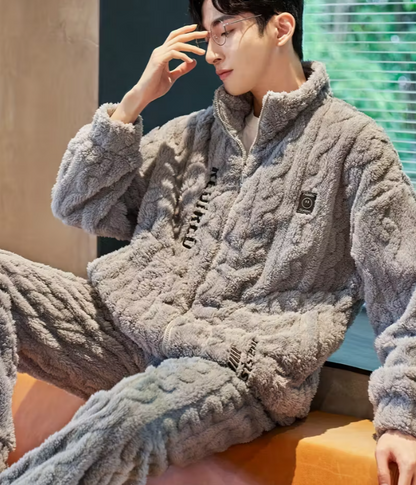 Men's Pajamas Winter Flannel Thickened Velvet Home Clothes Autumn and Winter Warm Coral Velvet Zipper Two-piece Set
