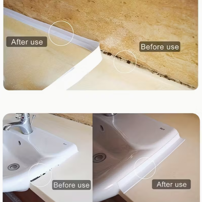 4 Rolls of Self-Adhesive Caulk Tape | Durable, Easy to Use for Bathroom & Kitchen Sealing - Instant Application, No Tools Needed, Peel & Stick
